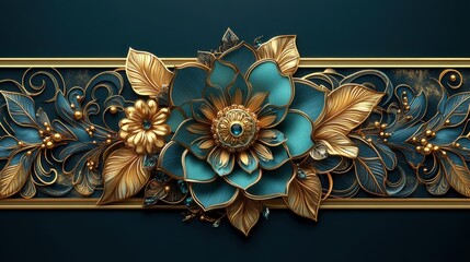 Wall Mural - Teal and gold floral 3D design, ornate, luxurious, decorative border.