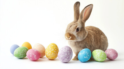 Wall Mural - easter bunny and easter eggs  on white  background