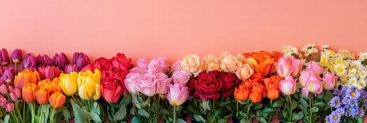 Poster - Colorful display of roses, tulips, and daisies arranged beautifully against a soft pink background. Generative AI