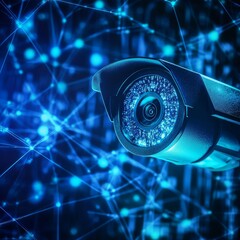 Poster - High-tech Security Camera Capturing Data in a Digital Network Environment With Glowing Blue Connections in the Background