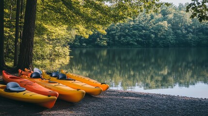 Poster - A well-organized kayak launch area with paddles and life vests neatly arranged on the shore, A serene lake with clear water and reflections of the surrounding trees, Minimalist aquatic style