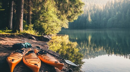 Aufkleber - A well-organized kayak launch area with paddles and life vests neatly arranged on the shore, A serene lake with clear water and reflections of the surrounding trees, Minimalist aquatic style