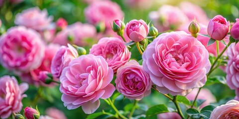 Wall Mural - A close-up shot of pink damask rose flowers in full bloom, with delicate petals and soft pink hue, floral, garden,  floral, garden