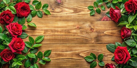 Wall Mural - A close-up of a wooden background with lush green leaves and velvety red roses in full bloom, surrounded by delicate floral patterns