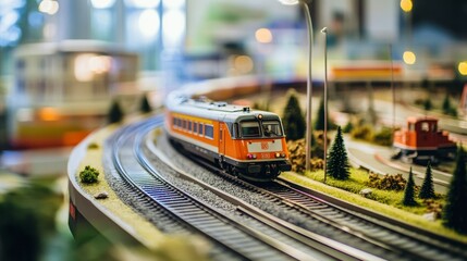 Poster - A well-organized model train display with tracks and trains meticulously arranged, A bright room with clean shelves and detailed landscapes, Minimalist hobby style