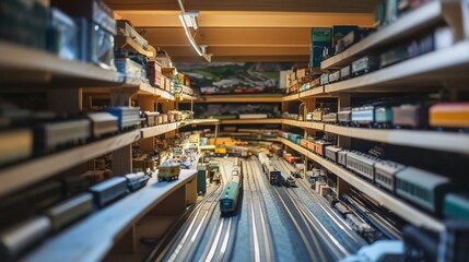 Poster - A well-organized model train display with tracks and trains meticulously arranged, A bright room with clean shelves and detailed landscapes, Minimalist hobby style