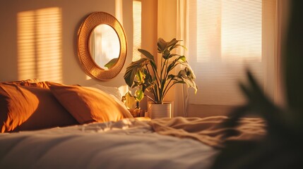 Poster - Cozy and Inviting Bedroom Scene Bathed in Warm Sunset Light with Decorative Mirror and Lush Green Plants for a Serene Atmosphere
