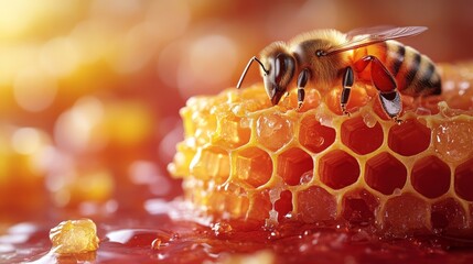 Poster - A busy honeybee meticulously collects nectar from a golden honeycomb, highlighting the intricate work of these vital pollinators.