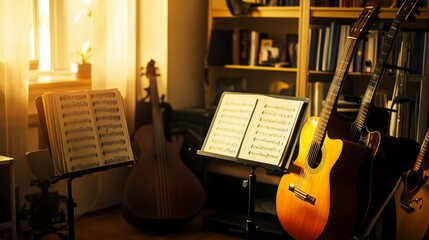 Poster - A well-organized musical instrument setup in a cozy room, Guitars and sheet music neatly placed, Minimalist musical style