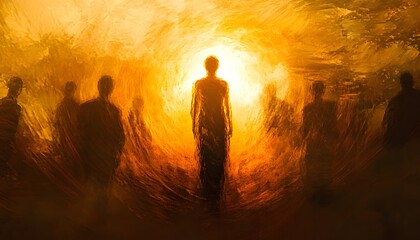 Aufkleber - Ethereal Encounter in a Dreamlike Landscape with Silhouetted Figures Against a Golden Sunset Radiating Warmth and Mystery in an Artistic Interpretation of Humanity and Nature