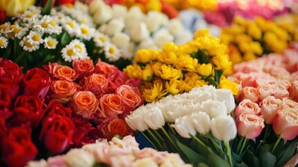 Poster - Colorful display of assorted bouquets with roses tulips and daisies arranged beautifully at a floral market. Generative AI