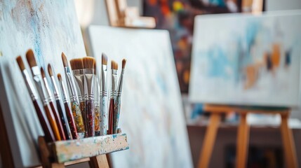 Poster - A well-organized painting studio with brushes and paint tubes meticulously placed, A clean, well-lit area with easels and canvases