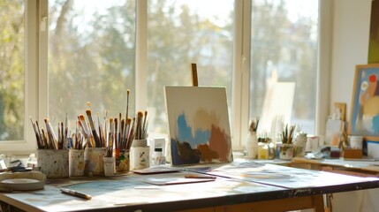 Poster - A well-organized painting studio with large windows, Paints and brushes systematically laid out, Artistic expression style