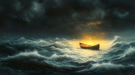 Aufkleber - A Lone Boat Illuminated by Golden Light Amidst Dark Stormy Seas Under Ominous Clouds and Turbulent Waves Evokes Feelings of Isolation and Hope