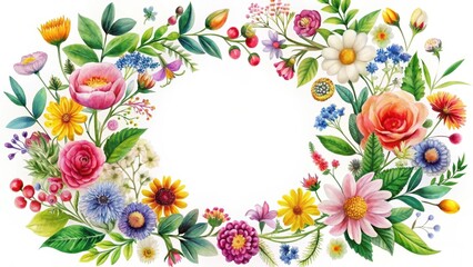 Wall Mural - Colorful flowers in a circular arrangement on a white background, botanical illustration , flower arrangement