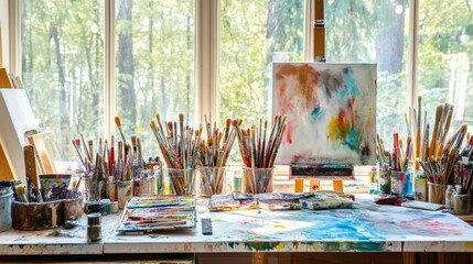 Poster - A well-organized painting studio with large windows, Paints and brushes systematically laid out, Artistic expression style