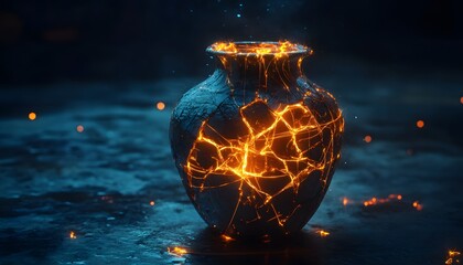 Poster - Glowing Cracked Pot Surrounded by Dark Atmosphere with Flickering Lights, Symbolizing Resilience and Beauty in Fragility and the Mystique of Hidden Power
