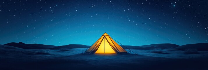 Poster - Camping under a clear starry night sky with a glowing tent in a serene landscape. Generative AI