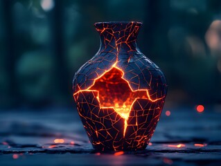 Poster - Glowing Cracked Vase with Fiery Illuminations Captured in a Mystical Forest Landscape, Exuding an Enigmatic and Magical Atmosphere for Artistic Expressions