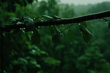 Poster - A close-up of raindrops on a glass pane with blurred greenery in the background
