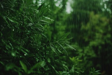 Poster - A close-up of raindrops on a glass pane with blurred greenery in the background.