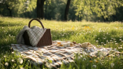 Aufkleber - A well-organized picnic setup with a neatly packed basket and blanket, A picturesque park with soft grass and scattered wildflowers, Minimalist leisure style