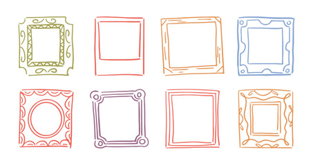 Poster - Drawn doodle photography frames with swirls and ornaments. Vector isolated ornaments and embellishments on borders with copy space. Album or picture empty banners or square badges design