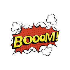Poster - Boom sound effect for dynamic comic book action. Vector isolated sticker or icon for noise, graphic element with cloud and explosion design. Speech bubble or balloon with word expression