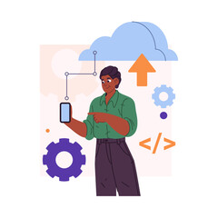 Poster - Male character connecting smartphone to cloud application. Vector isolated engineer configuring phone transmitting data and files, backup storage and safety for personal documents and info