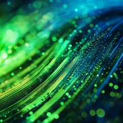 Poster - Abstract Representation of Vibrant Green and Blue Waves With Glowing Particles Creating a Dynamic Visual Effect in a Captivating Digital Design