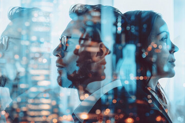 Poster - generative ai double exposure picture showing a silhouette of a worker against a backdrop of city li