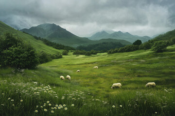Poster - A highland meadow dotted with sheep and distant misty mountains.