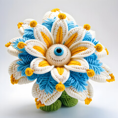 Wall Mural - A knitted soft toy in the form of a beautiful blooming flower, made of woolen threads in blue and white tones with yellow inserts. White background.