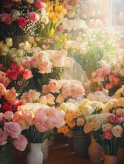 Leinwandbilder - Vibrant display of assorted flower bouquets featuring roses, tulips, and daisies in a bright floral shop. Generative AI