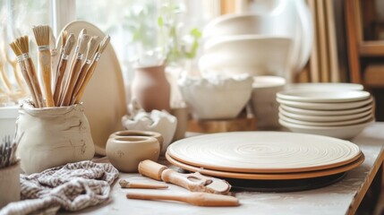 Poster - A well-organized pottery wheel station with clay and sculpting tools neatly arranged, A bright, airy space with a clean work surface