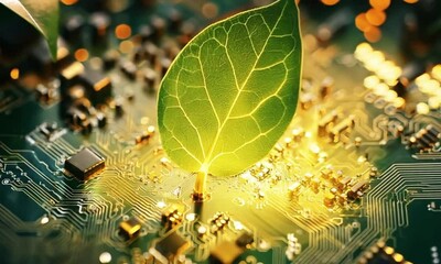 sustainable technology concept: single leaf light power illuminated on circuit board