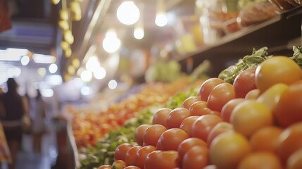 Poster - Fresh Organic Produce Displayed in a Vibrant Market Stall with Colorful Fruits and Vegetables Under Warm Lighting Creating a Welcoming Atmosphere