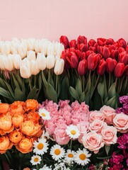 Poster - Colorful display of fresh roses, tulips, and daisies arranged beautifully in a vibrant setting. Generative AI