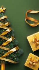 Wall Mural - festive christmas composition with decorated pine tree wrapped in golden ribbon, star topper, and el