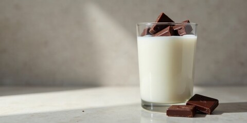 A refreshing glass of creamy milk with delicious dark chocolate pieces, perfect for a delightful treat.