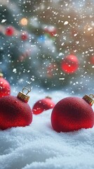 Wall Mural - Red glittering Christmas baubles nestled in fresh white snow with falling snowflakes creating magical winter atmosphere, blurred festive lights and evergreen tree in background.