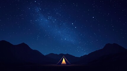 Poster - Stargazing under a clear night sky with a cozy tent illuminated by warm light in a serene landscape. Generative AI