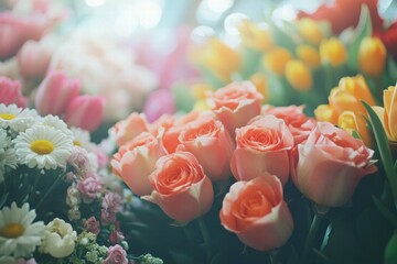 Poster - Colorful bouquets of roses, tulips, and daisies arranged beautifully for a stunning spring display. Generative AI