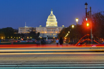 Wall Mural - US Capitol at night with car lights trails - Washington DC, United States