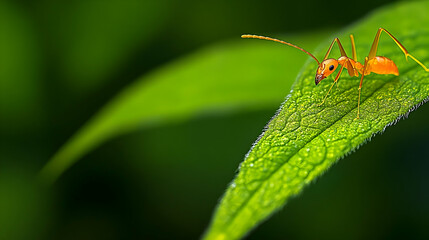 Close-up action of an orange ant on a leaf in a lush green environment nature photography macro view