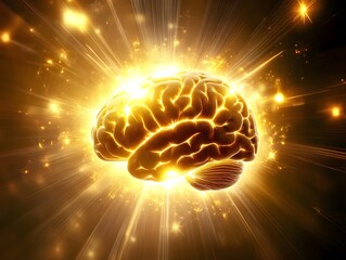 Aufkleber - Radiant Golden Brain Surrounded by Bright Energy Sparks Depicting Ideas, Creativity, Intelligence, and Mental Clarity in a Stunning Visual Representation