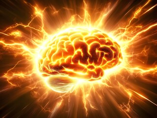 Fototapete - Explosive Energy of the Human Brain Represented by Fiery Imagery with Bright Pulses and Electric Waves Surrounding a Study of Human Intelligence and Creativity