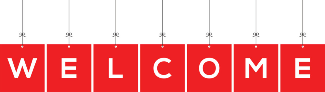 welcome letters banner with red color on white background. Word WELCOME hanging on the ropes vector illustration hanging style