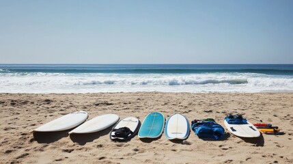 Poster - A well-organized surfboard setup on a sandy beach, Surfboards and wetsuits neatly placed, Minimalist coastal style