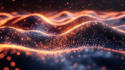 Poster - Dynamic Waves of Light and Color Create an Abstract Representation of a Digital Landscape at Night, Showcasing Glowing Particles and Flowing Patterns